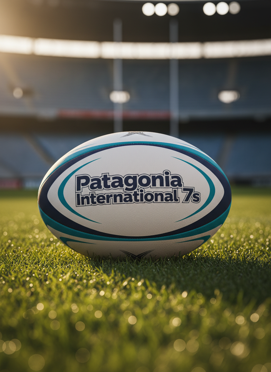 A pristine professional rugby sevens match ball with finely textured white synthetic leather panels, deep navy and bright teal accents, and crisp tournament branding reading “Patagonia International 7s” in bold modern type. The ball rests slightly angled on a perfectly manicured emerald-green pitch, individual grass blades visible with tiny dew droplets clinging to them. Late afternoon natural light from the side creates a golden edge highlight along the seams and subtle shadow beneath the ball. The stadium background is softly blurred, emphasizing the ball as the hero subject. Photographic realism, shot at low eye-level with a shallow depth of field, conveying anticipation, precision, and a professional, elite tournament atmosphere.