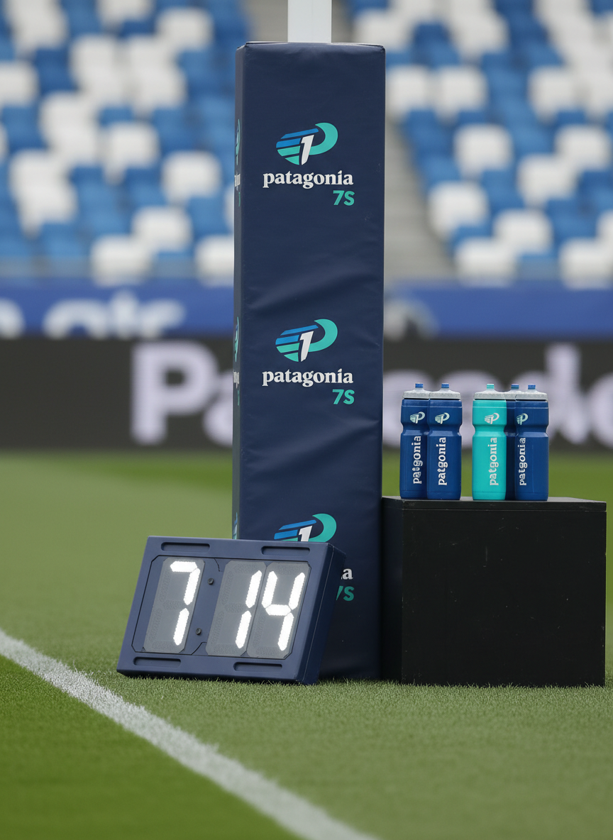 A focused, photographic realism close-up of a professional rugby sevens sideline technical area branded for Patagonia 7s. A sleek navy-blue substitutes board with bright LED digits leans against a padded barrier featuring the tournament logo in white and teal. Nearby, a row of neatly aligned squeeze water bottles with coordinated color bands stands on a low, matte-black equipment crate. The synthetic turf edge and crisp white touchline cut diagonally through the lower frame. Bright but slightly overcast daylight provides soft, even illumination, minimizing harsh shadows. The background is subtly blurred stadium seating, keeping attention on the precise arrangement of gear. The mood is efficient, disciplined, and highly professional, highlighting the operational side of elite sevens.